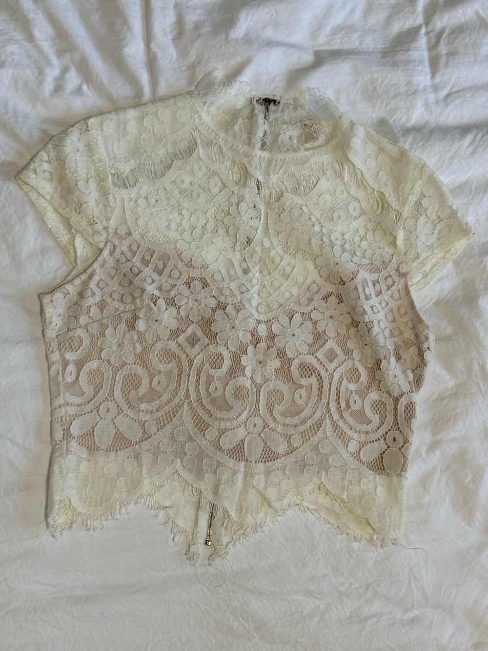 Boho Cream Floral Lace Mock Neck Crop Top Scalloped Hem